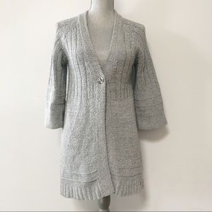 Margaret O’Leary cardigan grey blue one button longer length